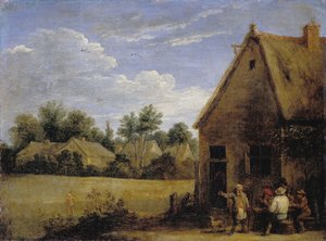 Cottage avec paysans jouant aux cartes